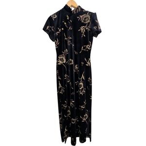 Vintage Sheri Martin New York Womens Black Velvet Floral Cheongsam Dress Size 10